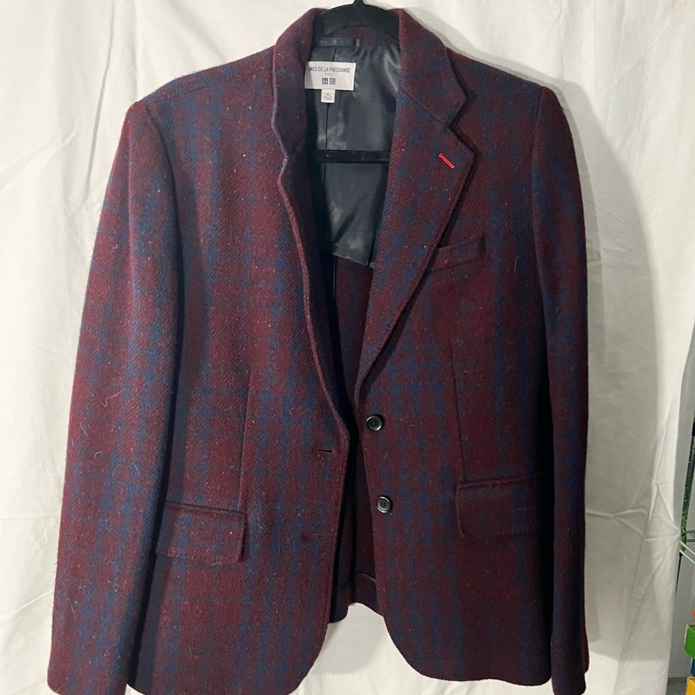 Iness de la Fressange burgundy and navy plaid jacket